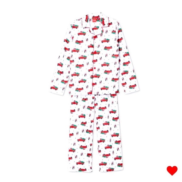 NEW DISNEY Christmas Pajamas Unisex Size Large Red Trucks Christmas Tree Button - Picture 2 of 6